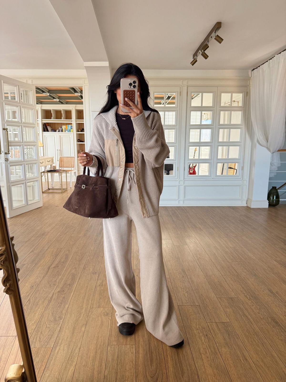 Sonpool Paraşüt Cep Detaylı Örme Triko Takım - Bej, Standart