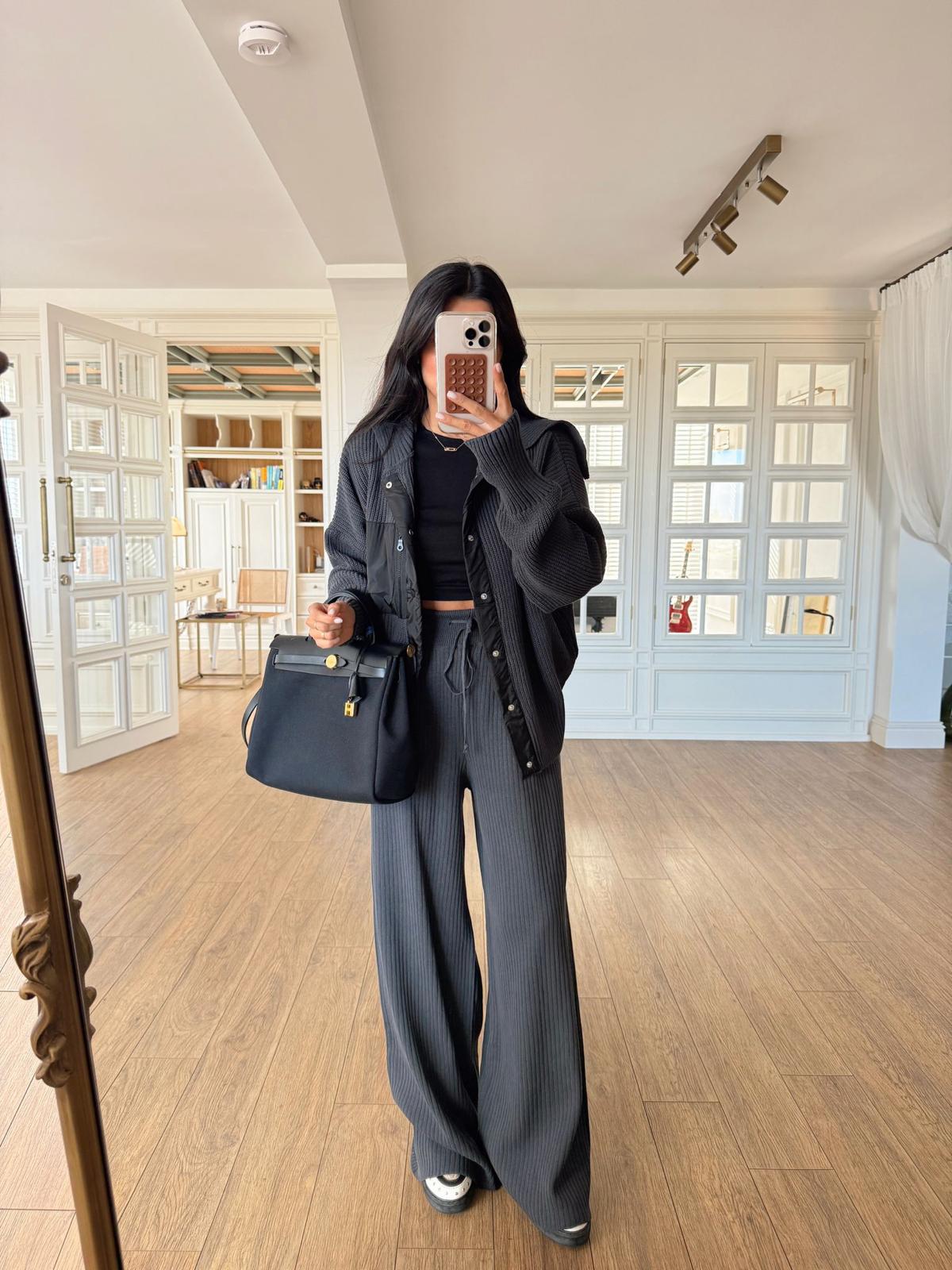 Sonpool Paraşüt Cep Detaylı Örme Triko Takım - Antrasit, Standart