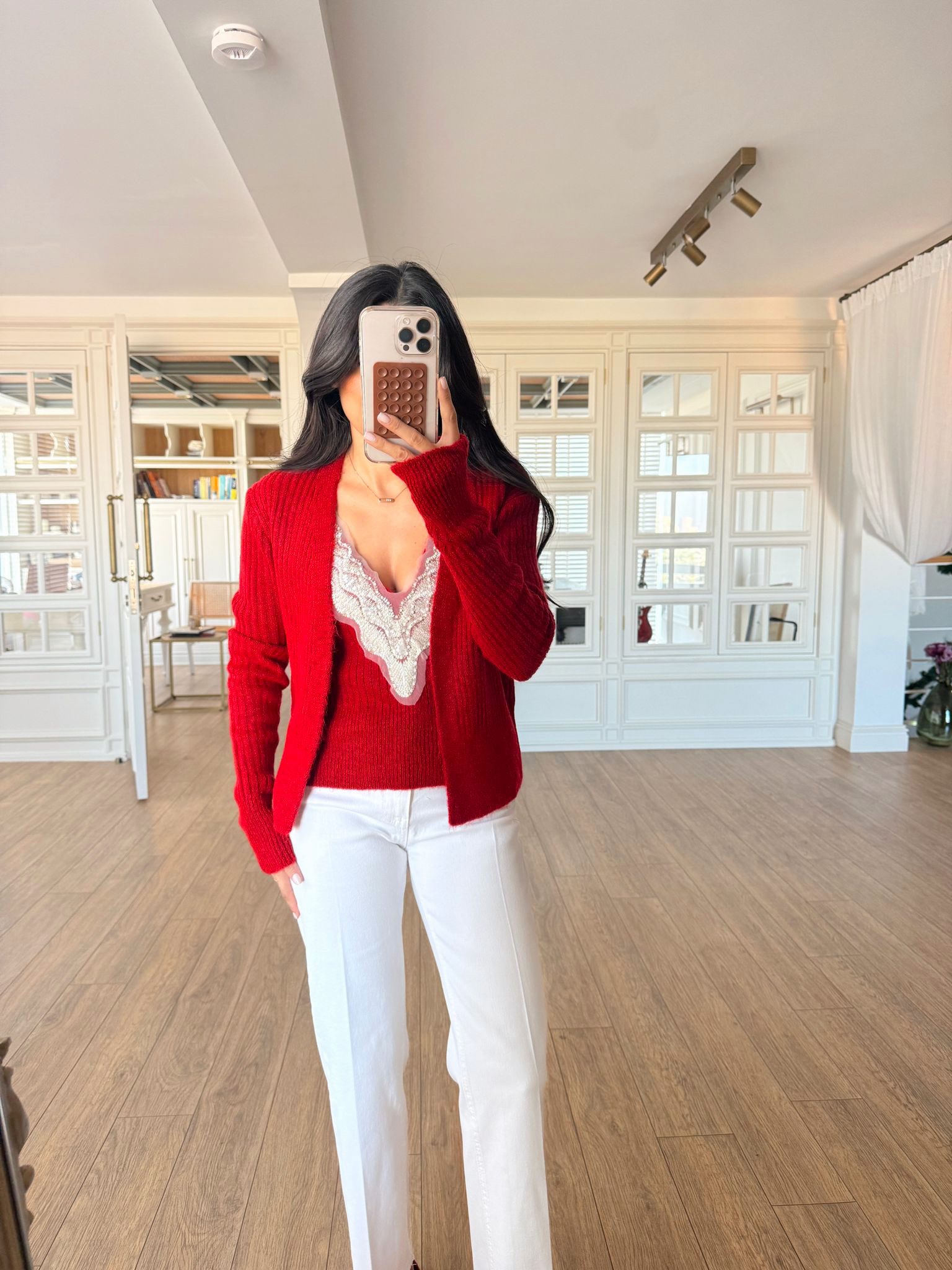 Jeyna Taşlı V Yaka Bluz-Hırka Takım - Kırmızı, Standart