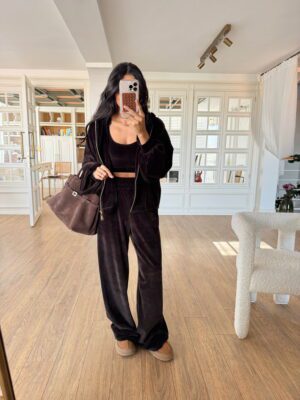 Acı Kahve Kadife Dokulu Fermuarlı Sweat Büstiyer Pantolon Takım