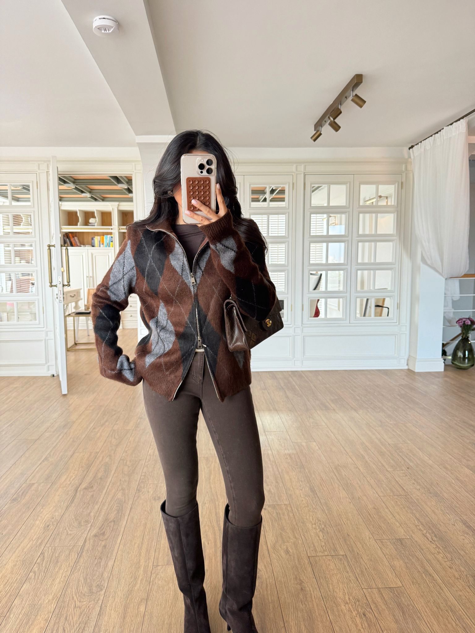 Ramsis Baklava Desenli Çift Fermuar Detaylı Triko Hırka - Kahve, Standart