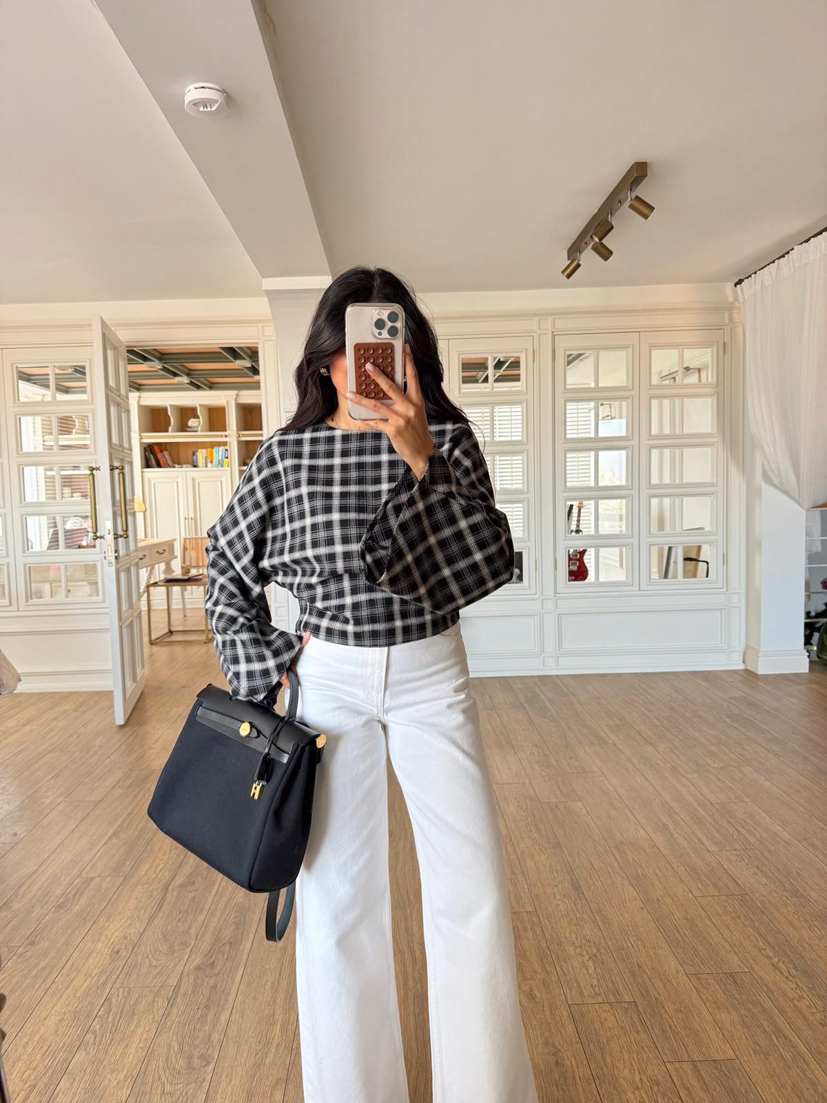 Takia İspanyol Kol Ekose Bluz