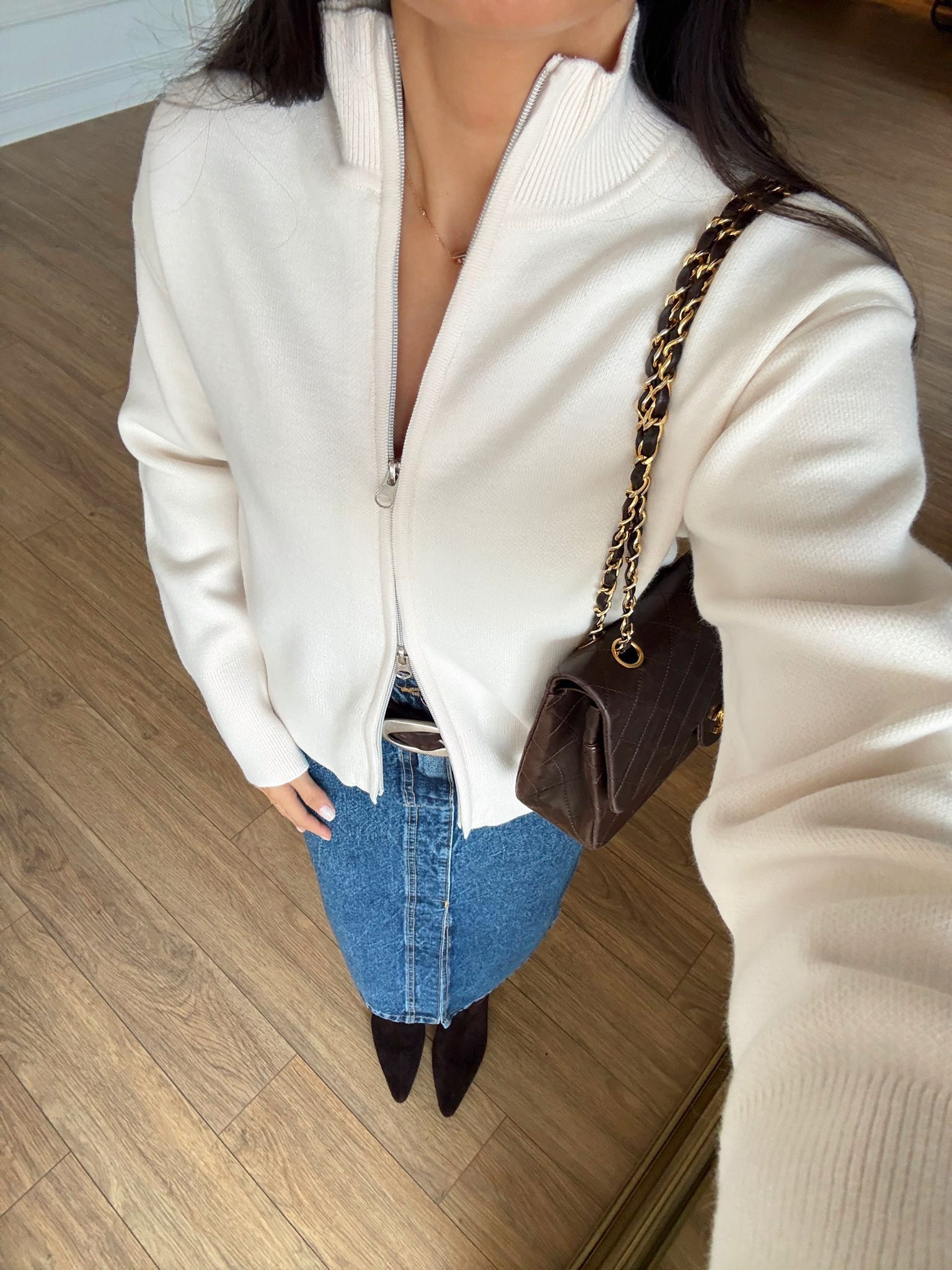 Lemon Dik Yaka Çift Fermuarlı Triko Hırka - Krem, Standart