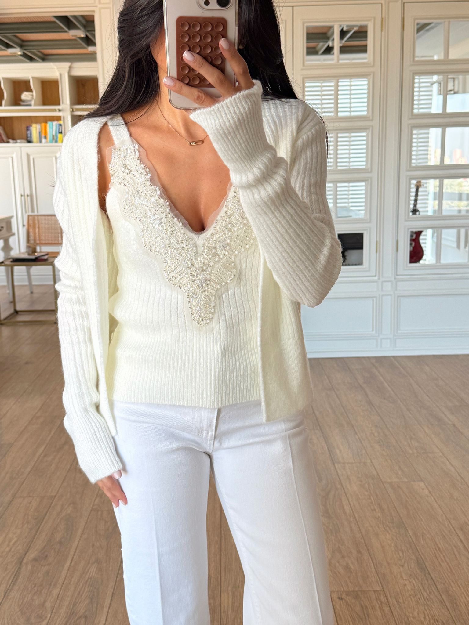 Jeyna Taşlı V Yaka Bluz-Hırka Takım - Beyaz, Standart