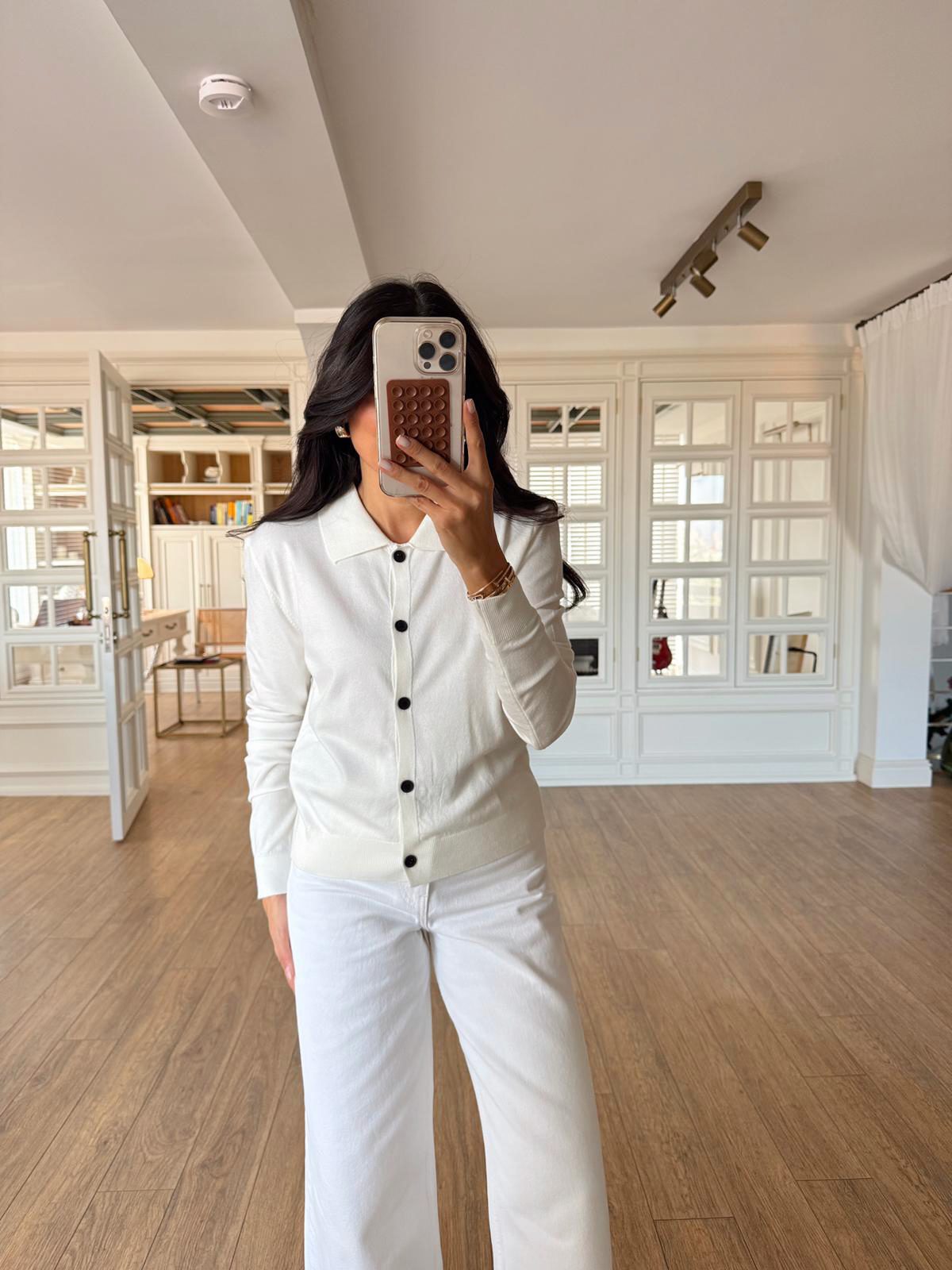 Tims Polo Yaka Düğmeli Triko Hırka - Ekru, Standart