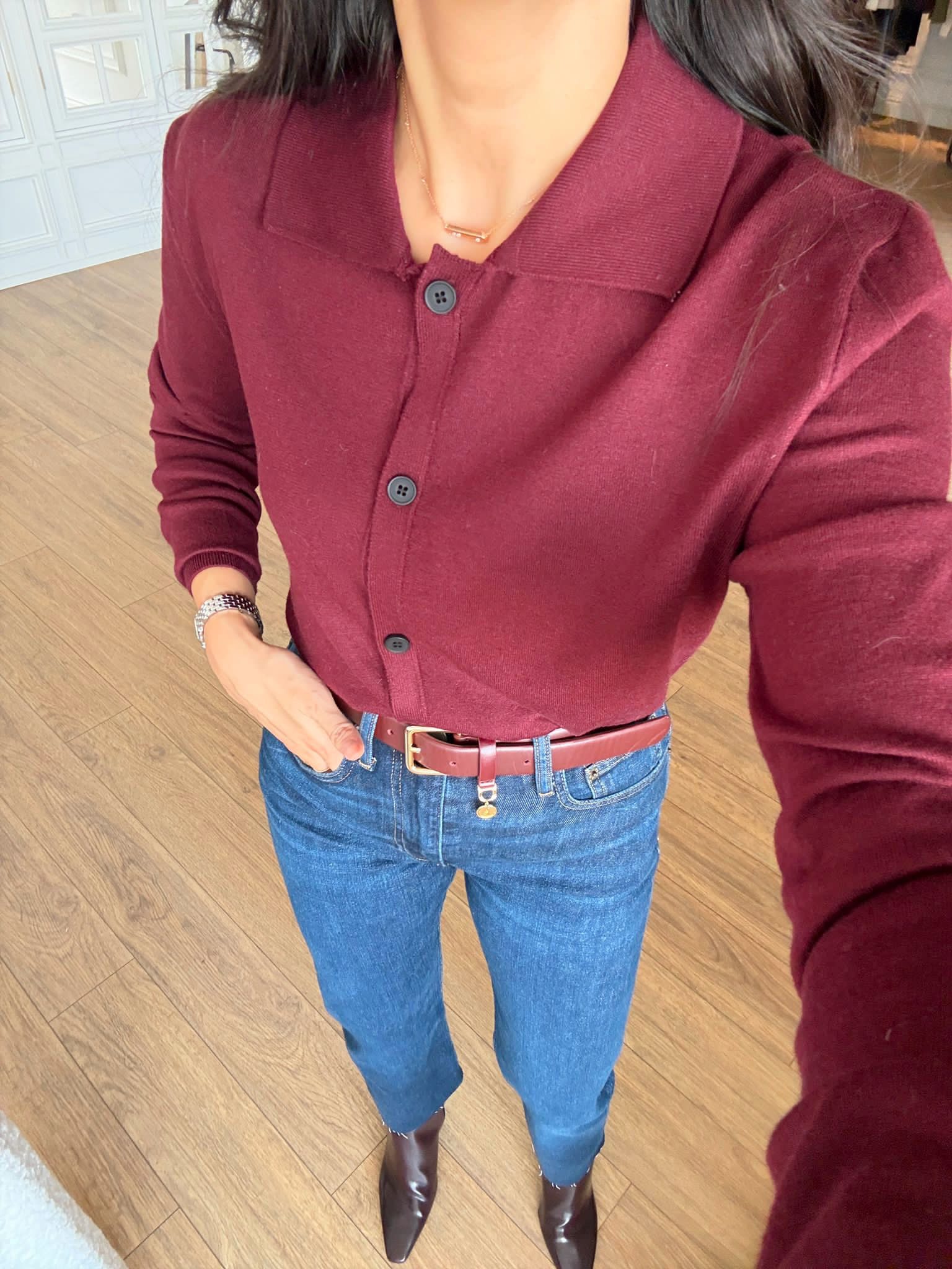 Tims Polo Yaka Düğmeli Triko Hırka - Bordo, Standart