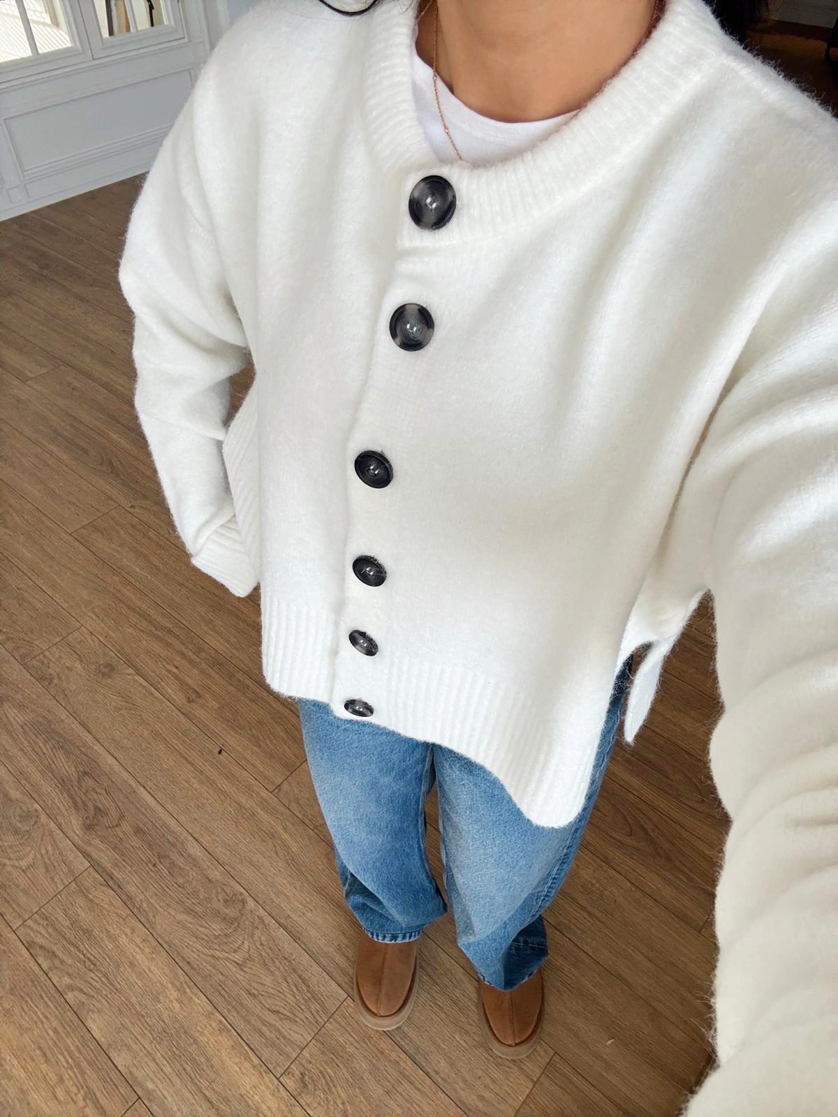 Fatality Dik Yaka Düğmeli Yumuşak Dokulu Hırka - Ekru, Standart