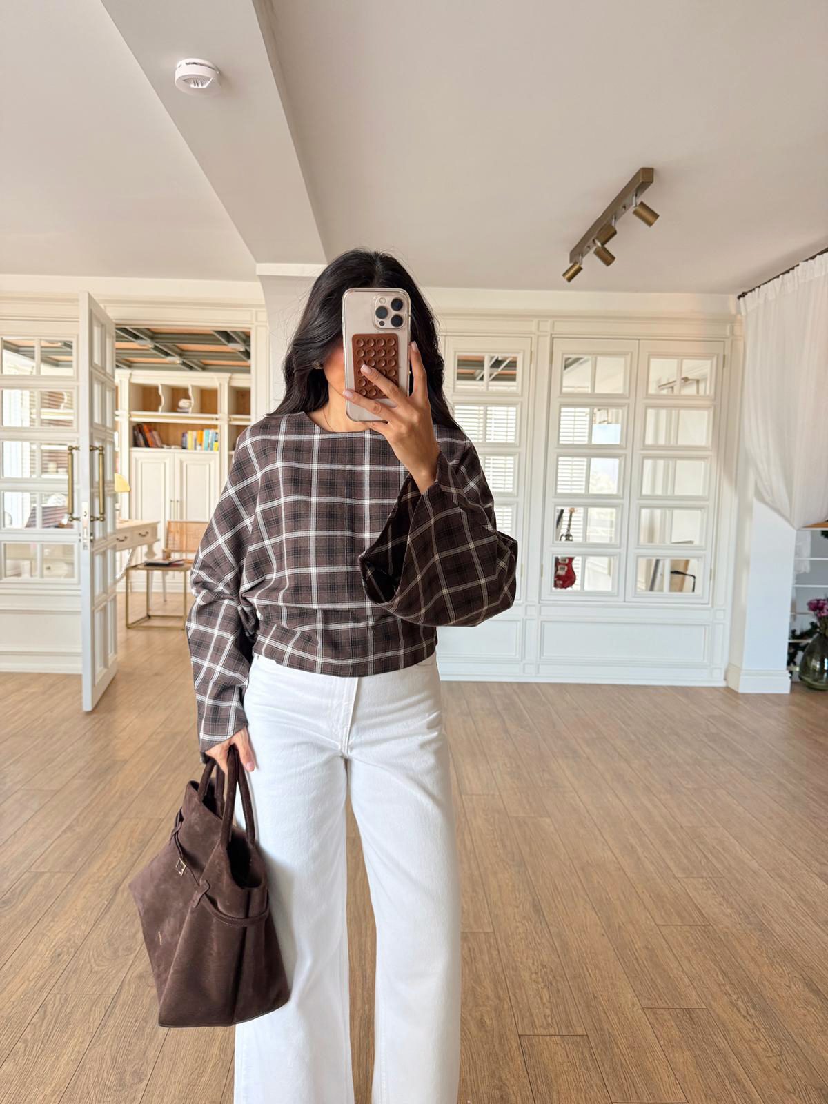 Takia İspanyol Kol Ekose Bluz