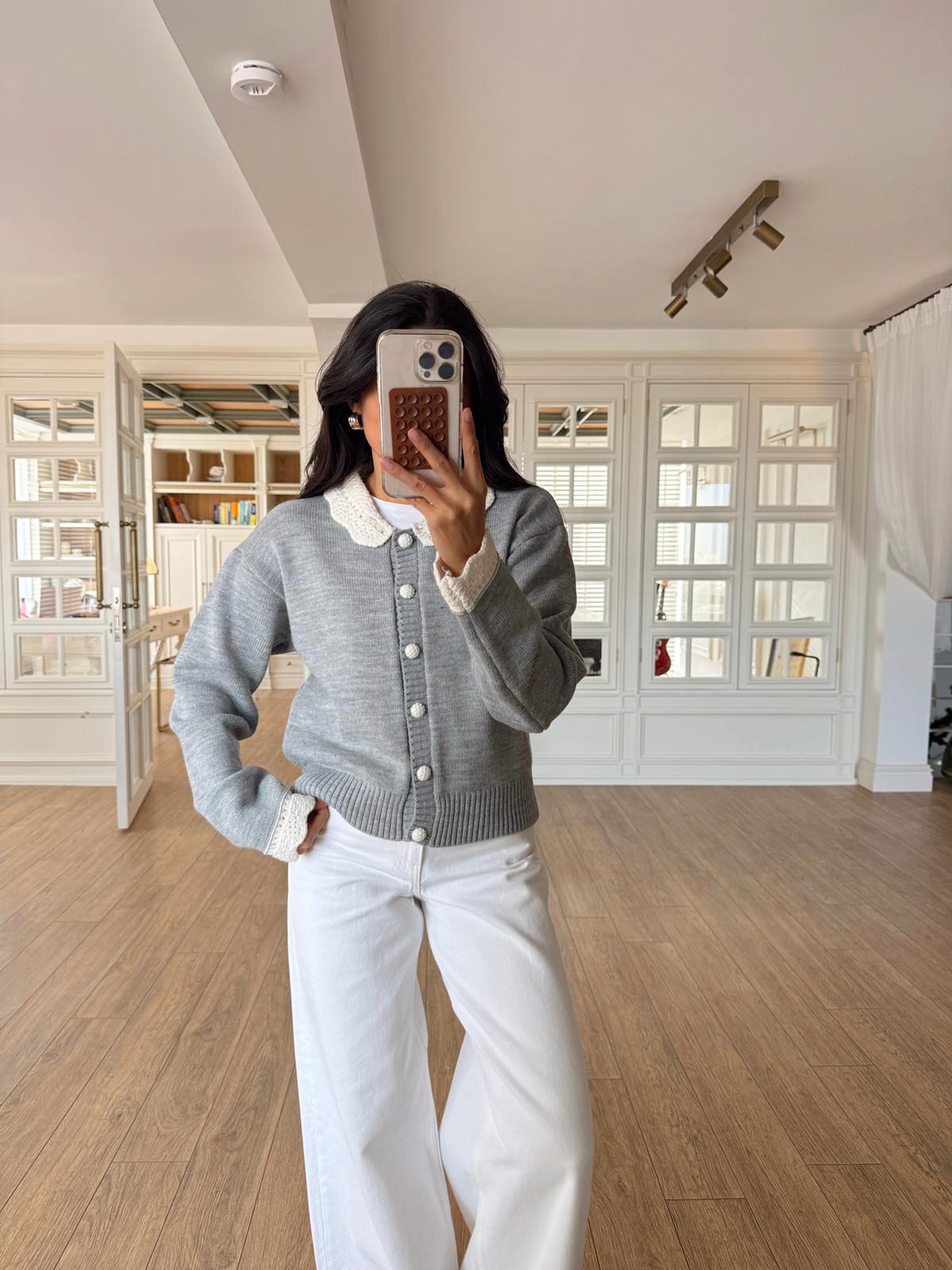 Oribella Yakası Renkli Bebe Yaka Hırka - Gri, Standart