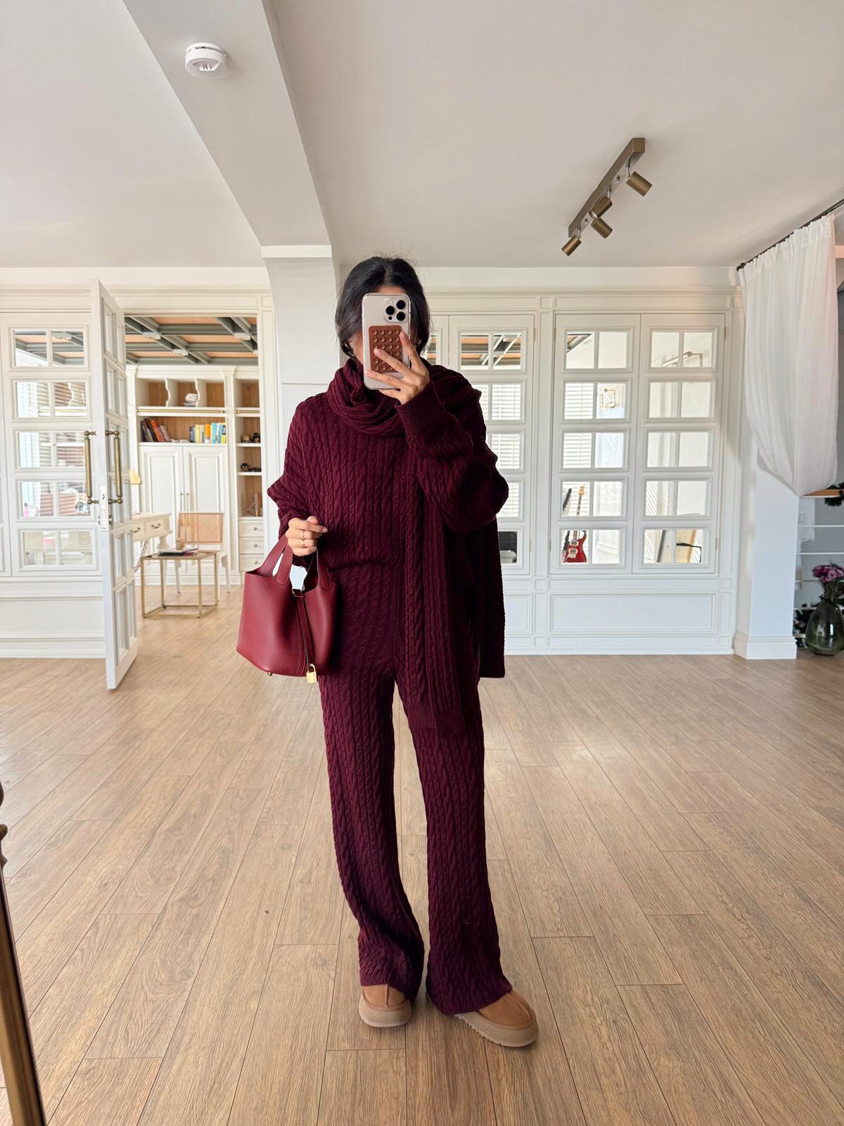 Tick Saç Örgü Şallı Triko Takım - Bordo, Standart