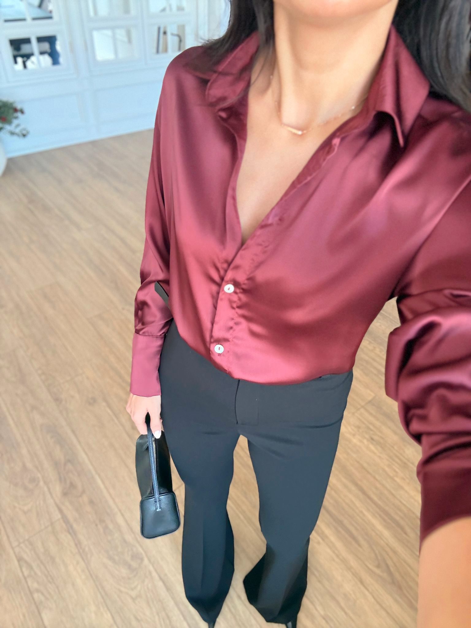 Stars Sedef Düğmeli Saten Gömlek - Bordo, 34