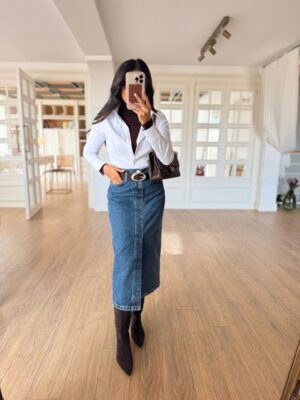 Osiya GNM Önden Yırtmaçlı Denim Etek