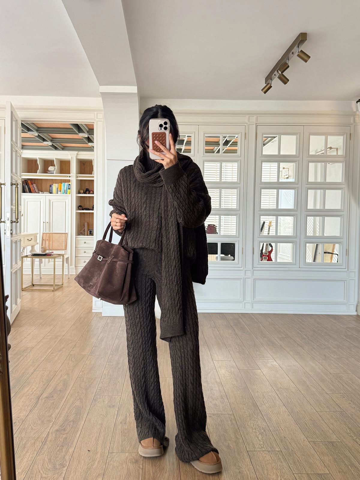 Tick Saç Örgü Şallı Triko Takım - Acı Kahve, Standart