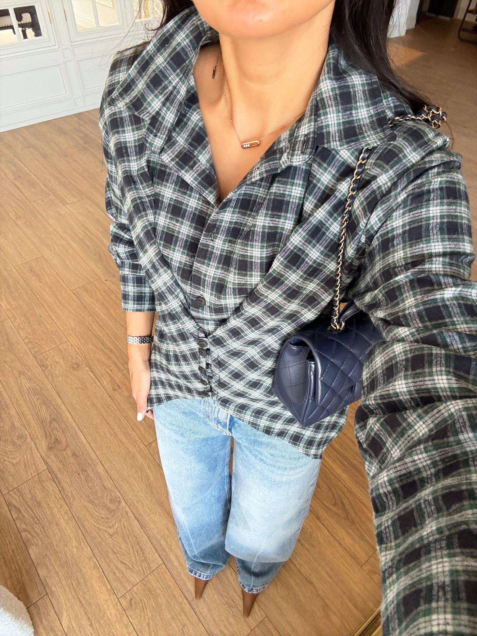 Ted Omuz Vatkalı Asimetrik Detaylı Ön Çift Düğmeli Ekose Gömlek