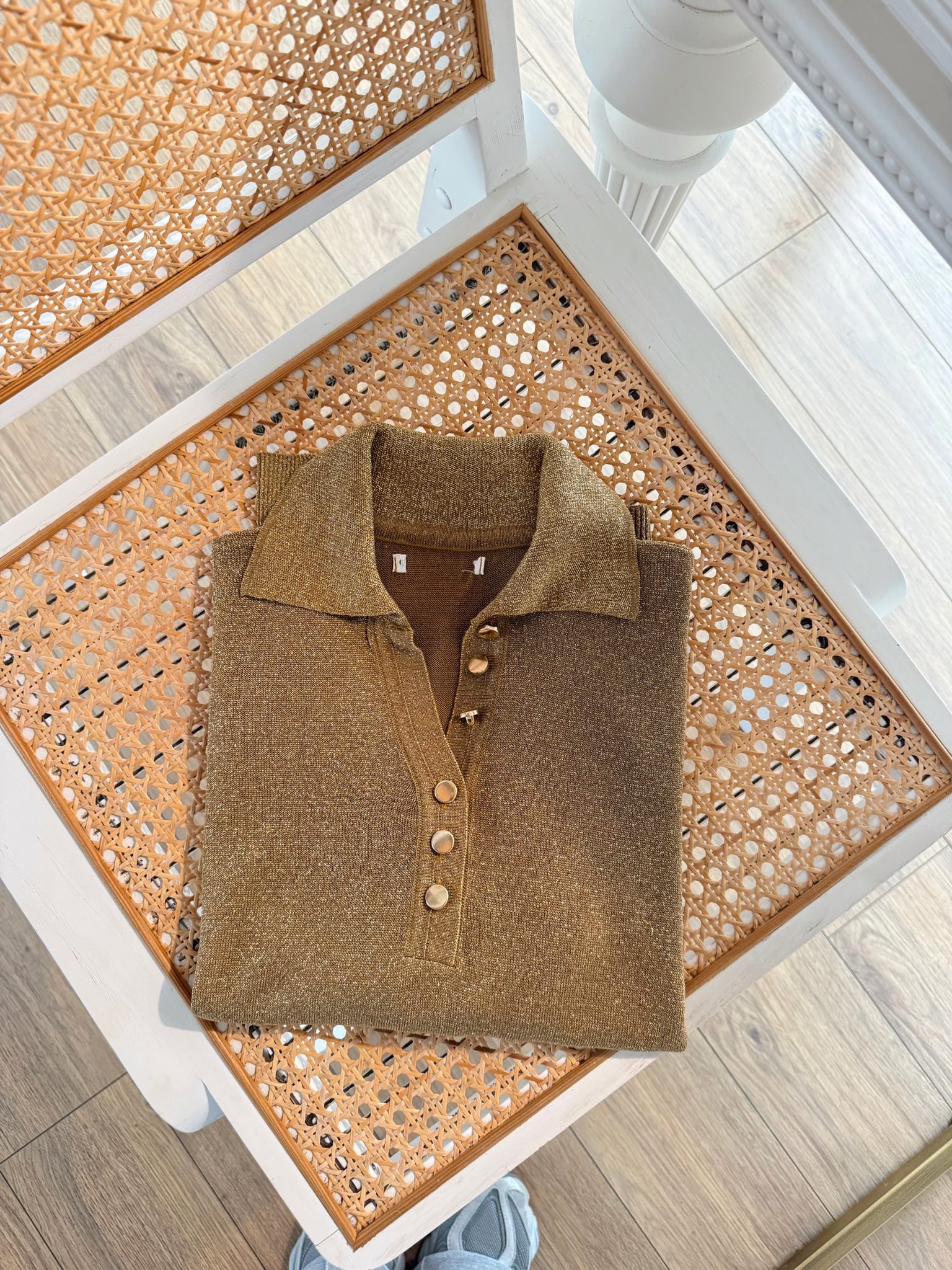 Octavio Simli Polo Yaka Gold Düğmeli Uzun Kol Bluz - Gold, Standart