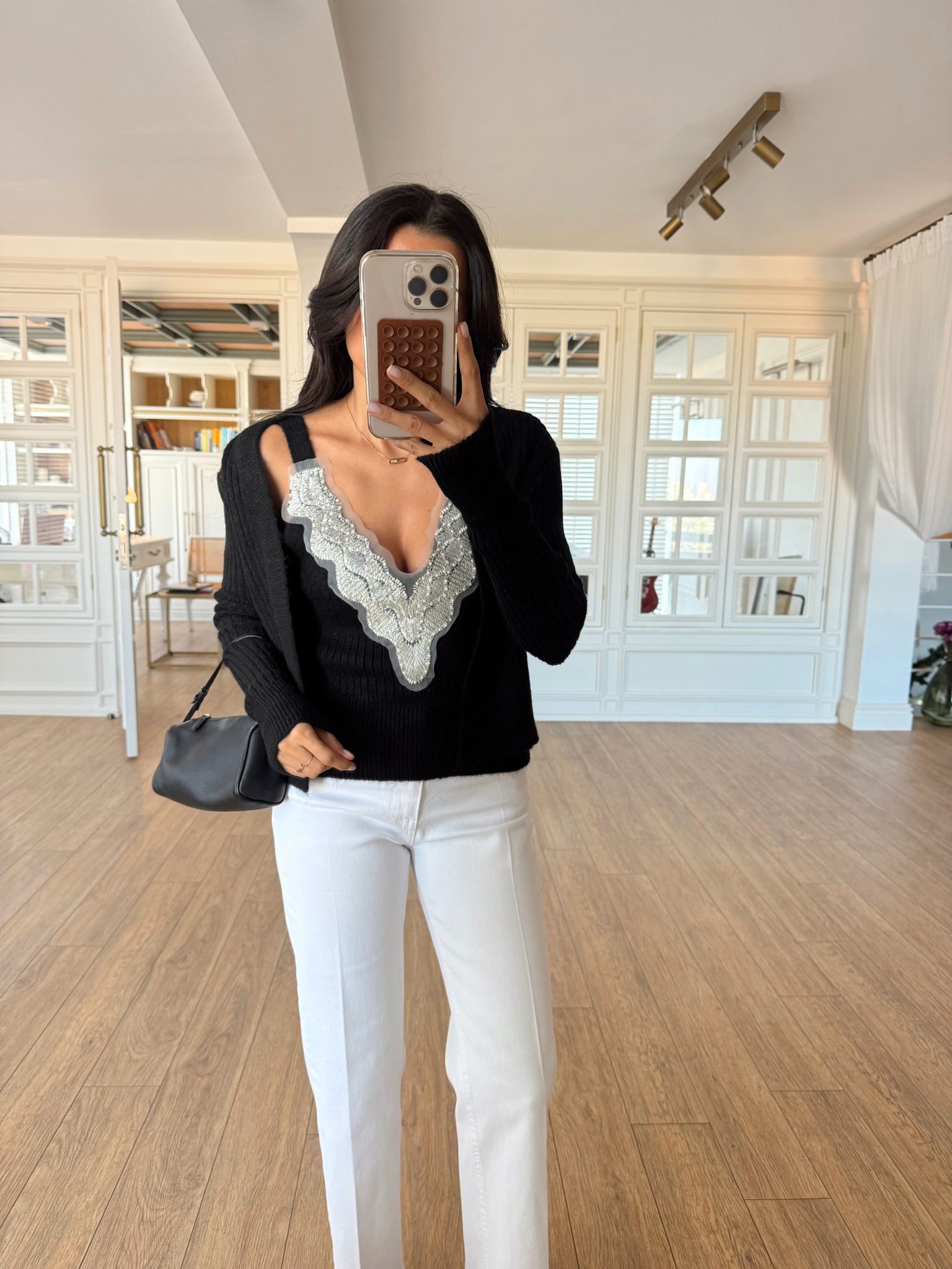 Jeyna Taşlı V Yaka Bluz-Hırka Takım - Siyah, Standart