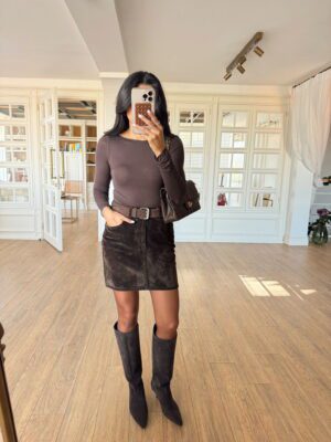 Taylor Acı Kahve Cep Detaylı Yansımalı Mini Süet Etek