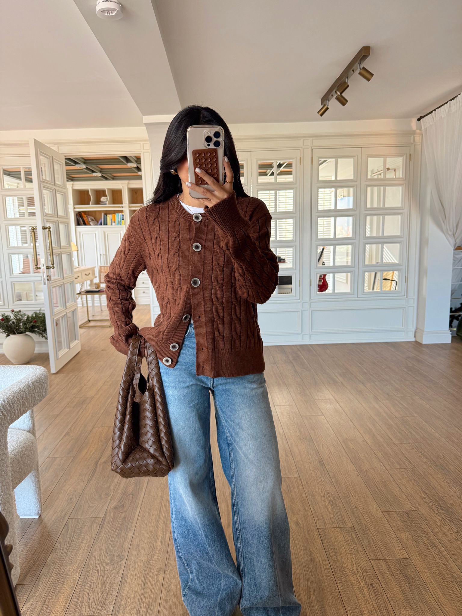 Vanessa Beş Düğmeli Saç Örgü Triko Hırka - Sütlü Kahve, Standart