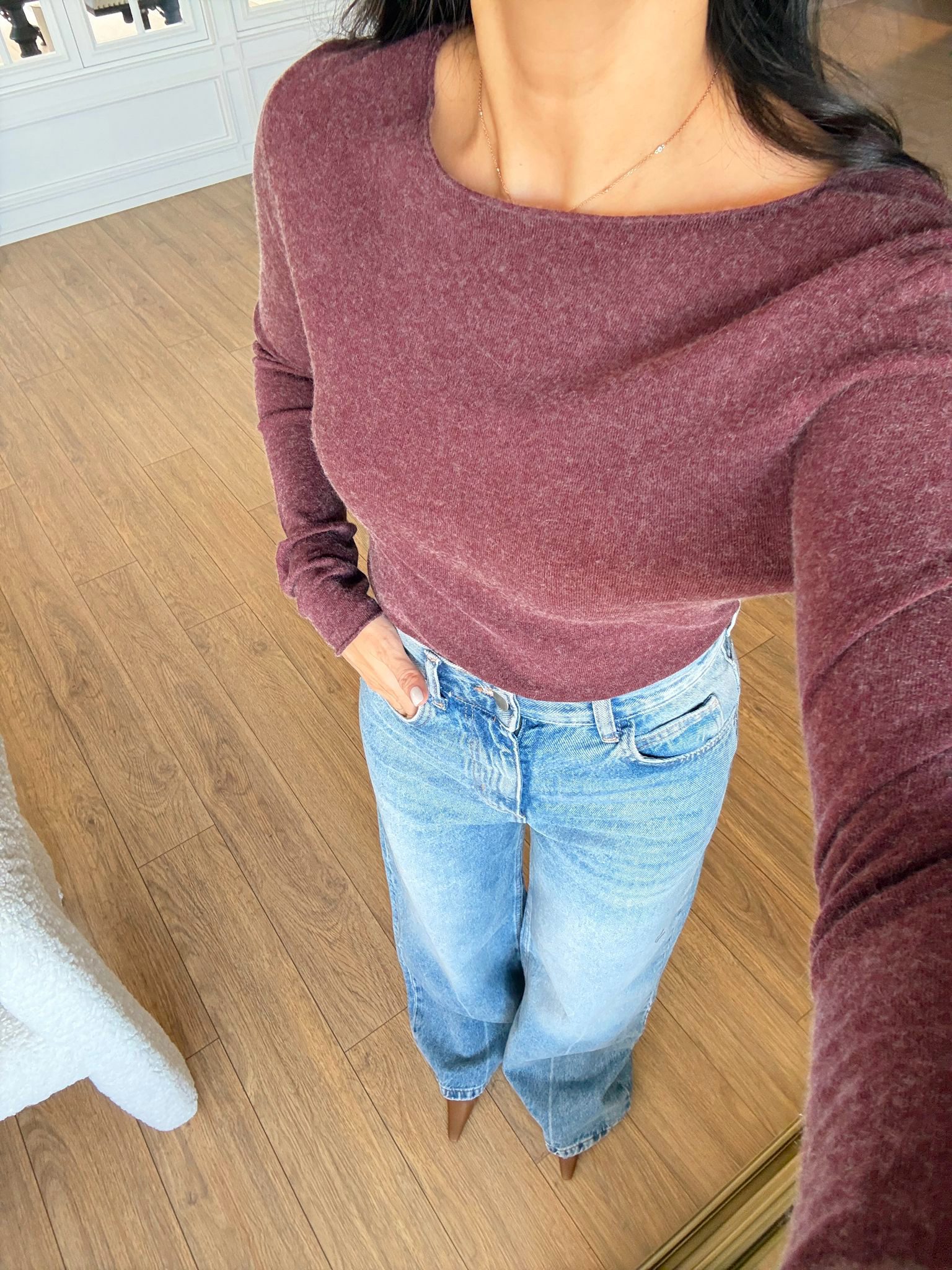 Sally Kayık Yaka Kaşmirli Ultra Hafif Triko - Bordo, Standart